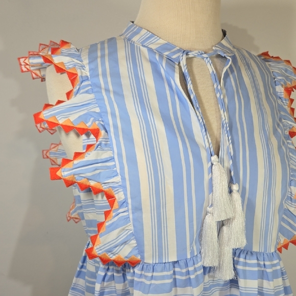 Marie Oliver Becca Blue Striped Sleeveless Tassel Ruffle Top Small - Picture 8 of 12